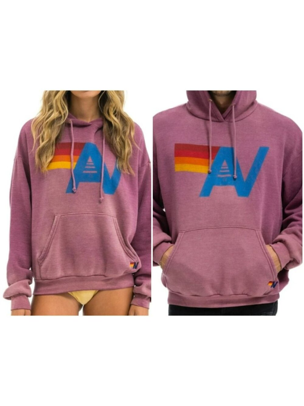 Aviator Nation XS Pullover Hoodie Pink With Rainbow Graphic & Front Pocket